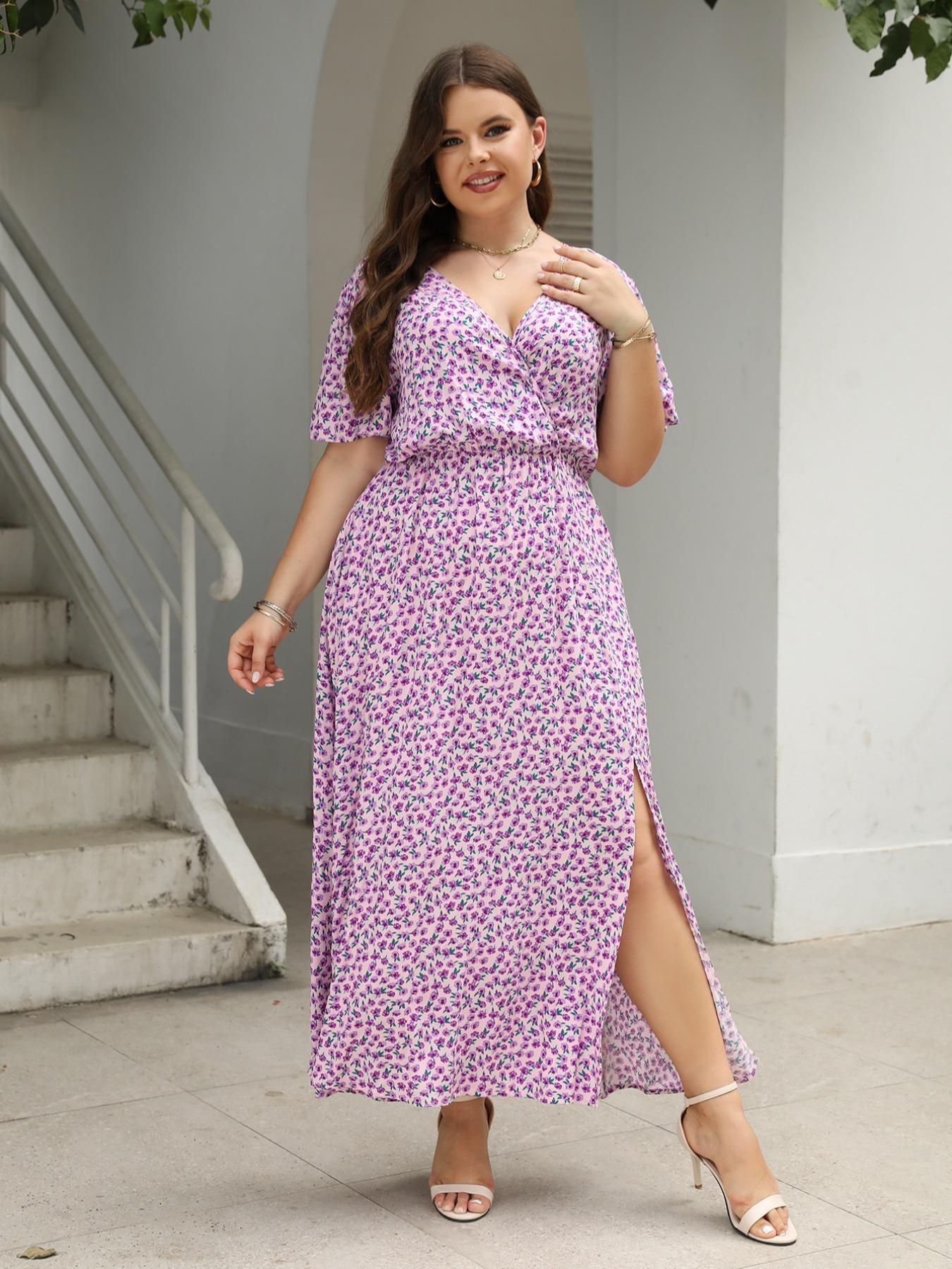 【Plus Size】 Ditsy Floral Print Wrap Split Thigh Dress, Boho Fashion Dress, Boho Butterfly Sleeve V Neck A Line Dress for Beach Holiday Vacation, Women's Clothes for Summer