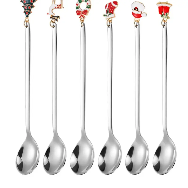 6Pcs Christmas Decorative Spoons, Stainless Steel, Reusable Coffee Tea Dessert Stirring Spoons, Santa Snowman Tree Star Design for Kitchen, Home, Office, Christmas Party, Holiday Gift