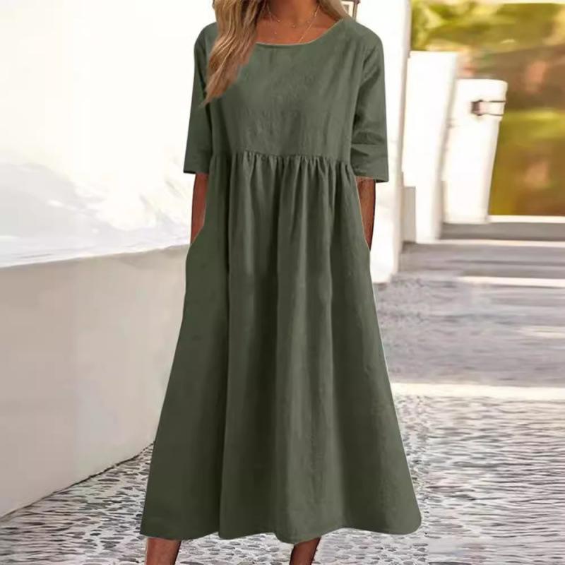 Summer New Cotton and Linen Casual Short Sleeve Pocket Fold Loose Round Neck Women's Dress