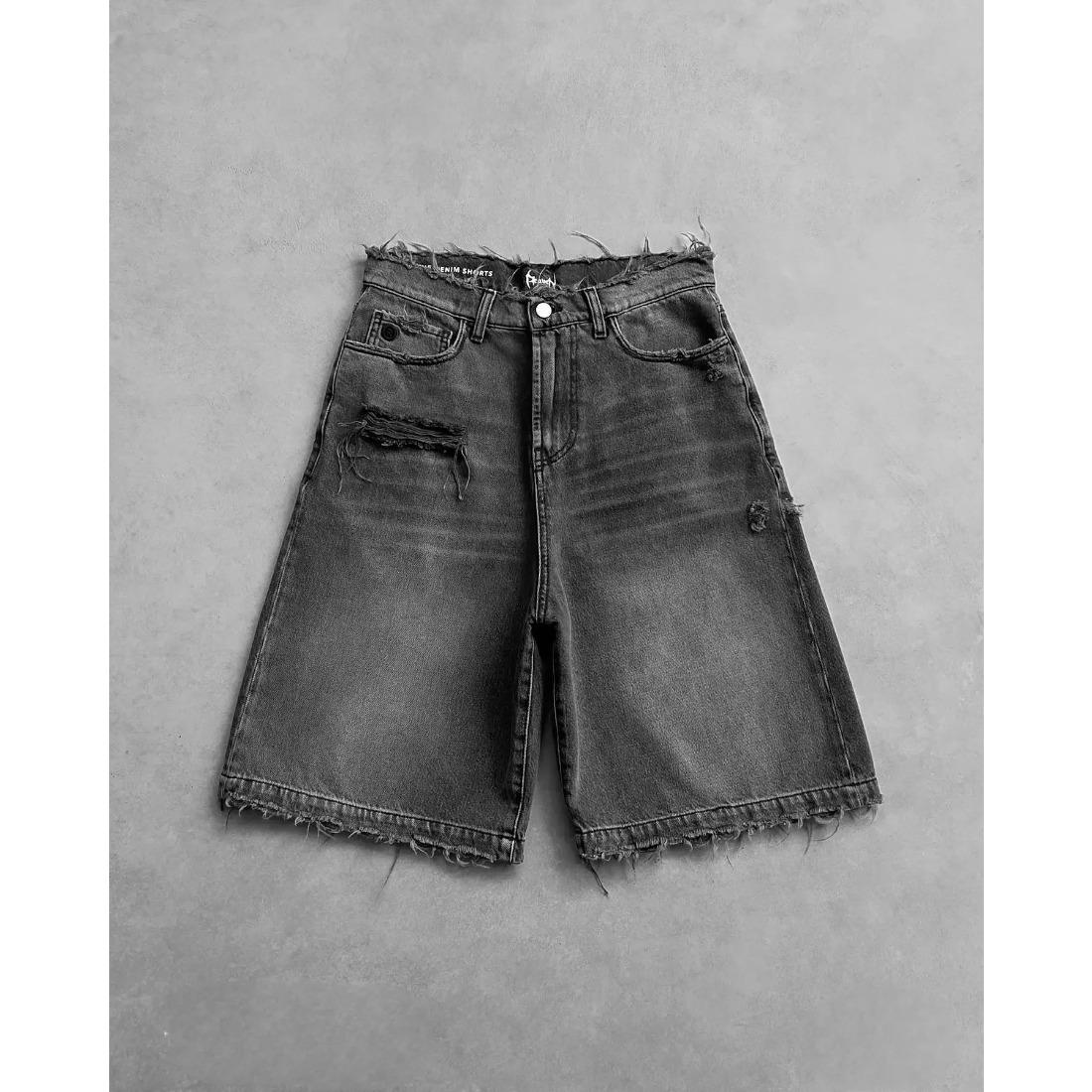 American Retro Gothic Halloween Geometry Graffiti Print Denim Shorts Men Women Y2k Low Waist Baggy Knee Length Jeans Jorts Short Streetwear Trendy Vintage 90s Style Cool Hip Hop Casual Festival Unisex