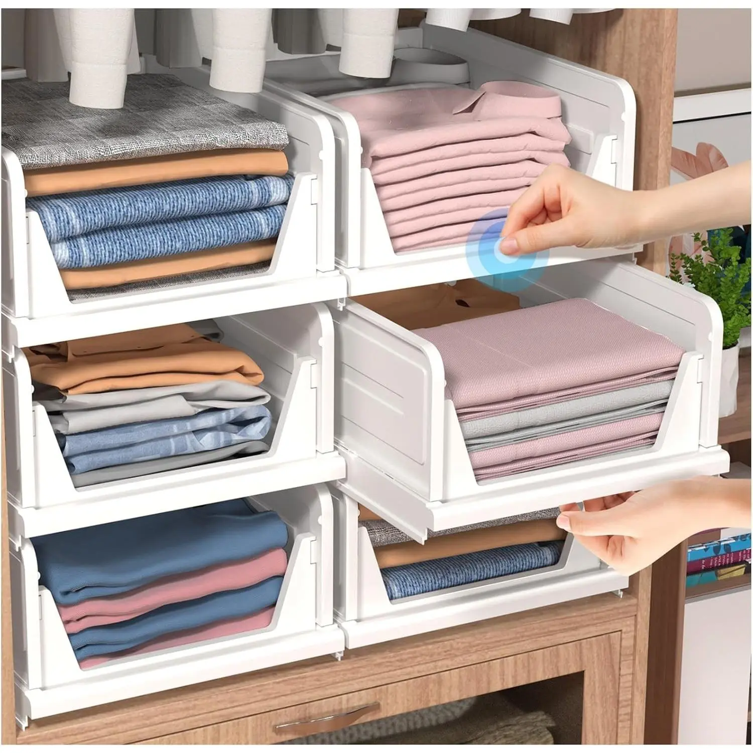 6 Pack Stackable Folding Closet Organizer Storage Box, Plastic Drawer Storage Bins Basket for Wardrobe Cupboard Kitchen Bathroom Office, White 6L