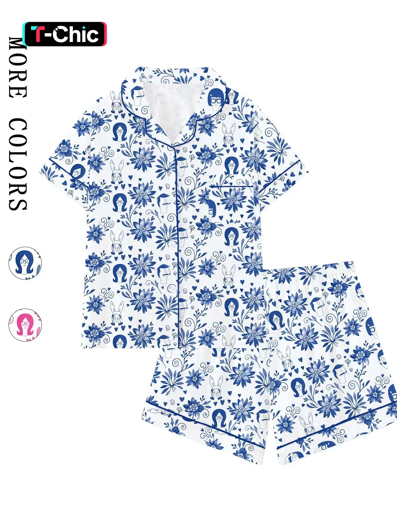 Cute Bob's Burgers Themed Cartoon Print Lapel Collar Short Sleeve Pajama Set, Pyjamas, Collared, All Seasons Nightwear, Loungewear, Homewear, Home Sleepwear, Suitable for Sleep Party, Comfortable Pajamas, Pjs, Ideal Gift