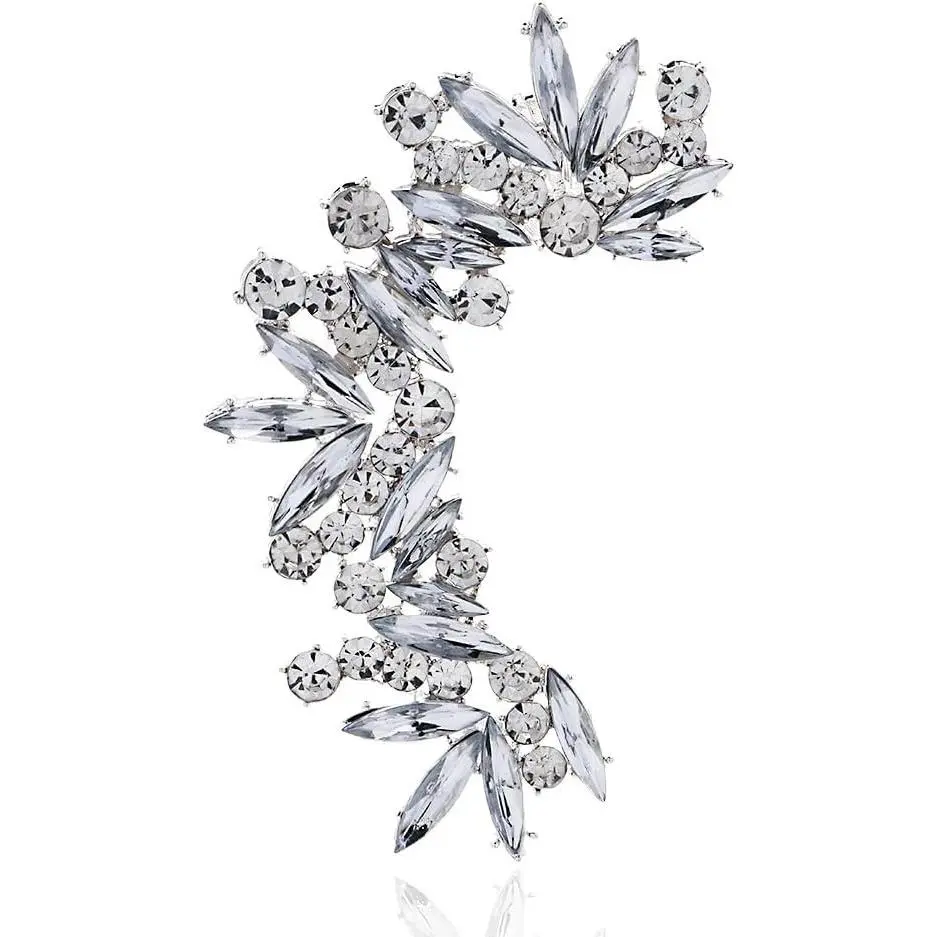 Women's Hypoallergenic Silver Rhinestone Full Ear Cuff Clip, Wrap Statement Climber Earrings, Wedding Jewelry Gifts, Crawler, Clip-On