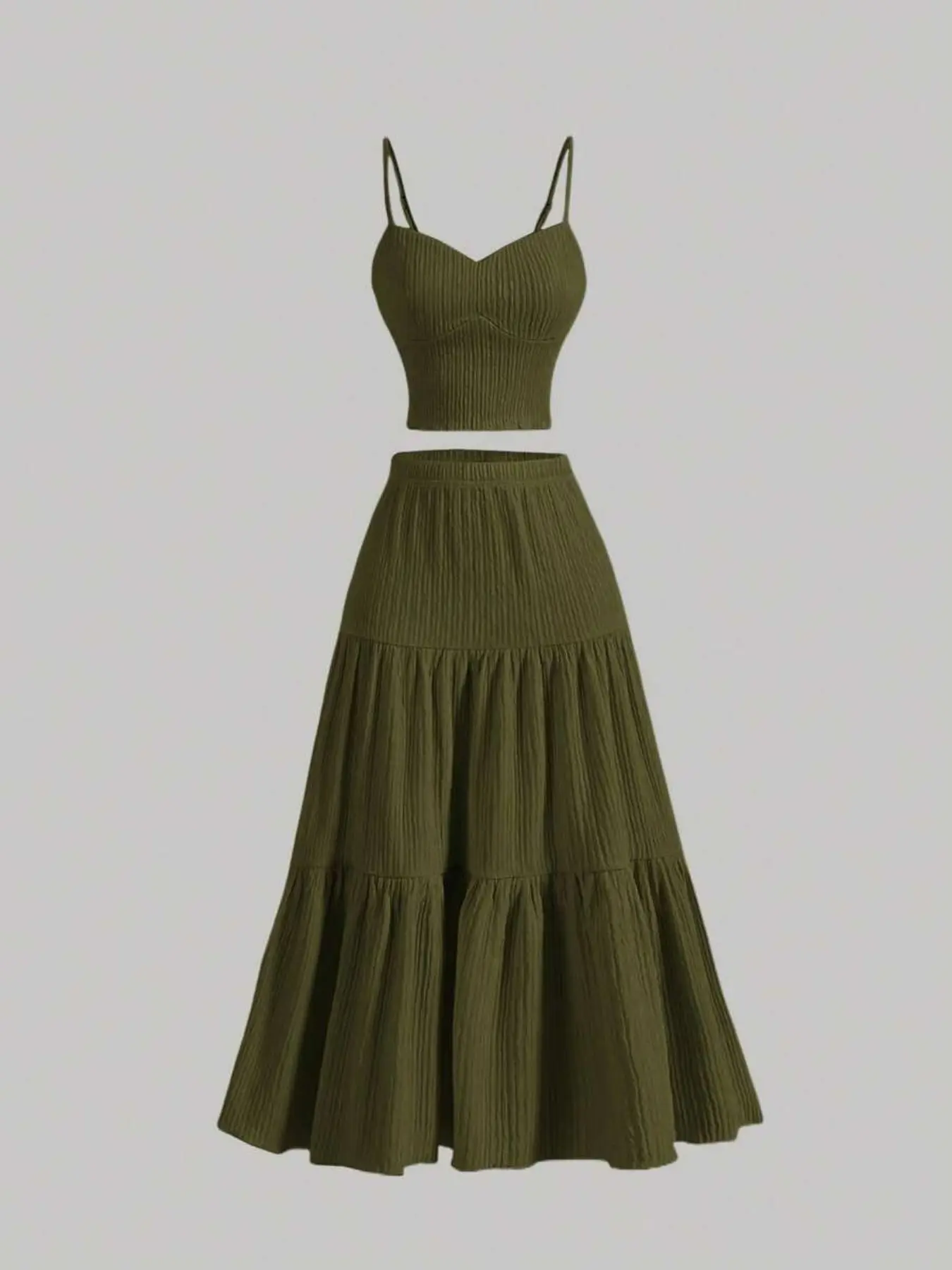 Women's Solid Color Beach Dress Two-Piece Set, Adjustable Thin Straps V-Neck Short Top, Layered Midi Skirt, Comfortable Fashion