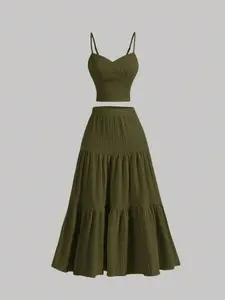 Women's Solid Color Beach Dress Two-Piece Set, Adjustable Thin Straps V-Neck Short Top, Layered Midi Skirt, Comfortable Fashion
