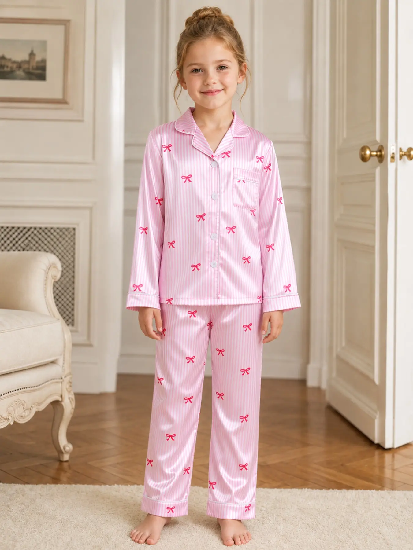Girls' Pajama Set, Stripes, Bow, Long Sleeve, Loose Fit, Fall & Winter, Soft Sleepwear for Home, Family Gatherings, Bow Print Pyjama