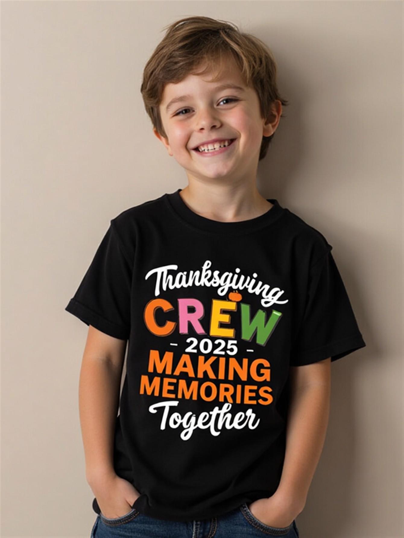 2025 Family Matching Thanksgiving T-Shirts - Funny Turkey & Autumn Graphic Crew Crew Making Memories Together, Black with Orange Lettering, Casual Round Neck Tees for Boys & Girls, All-Season Comfort,, Family Party Outfits, Crewneck Short Sleeve (3-13Y)