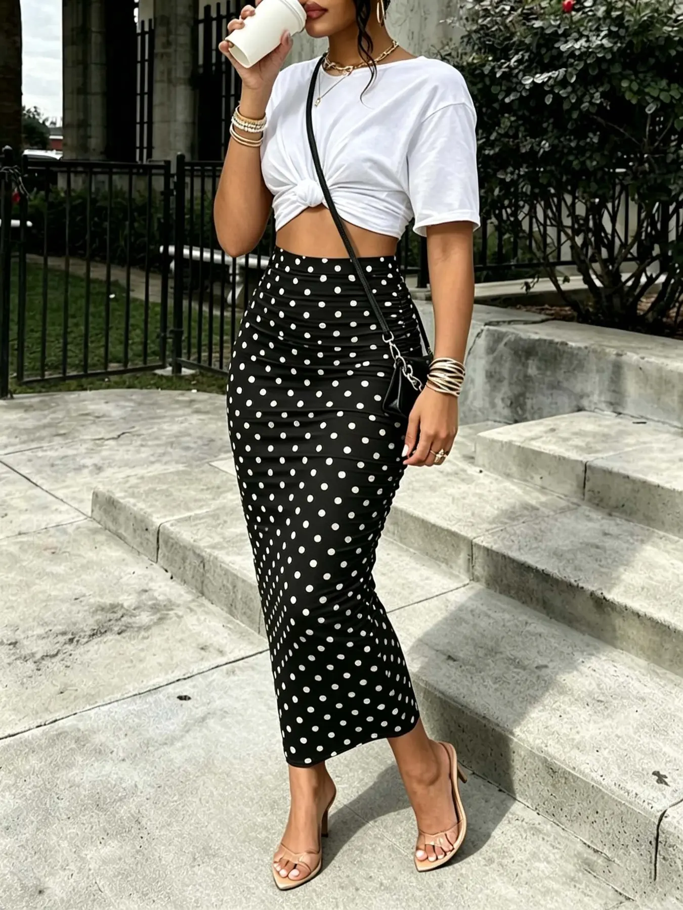 Women's Polka Dot Midi Mermaid Skirt, High Waist Ruched Bodycon Pencil Skirt, Soft Stretchy Y2K Streetwear, Slim Fit Retro Dots Skirt