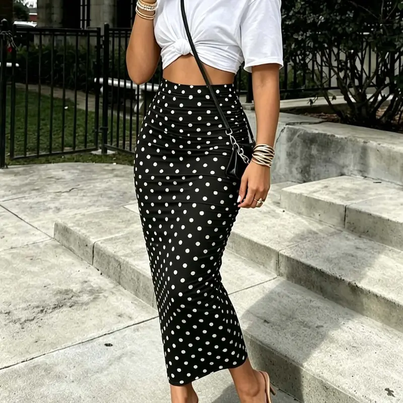 Women's Polka Dot Midi Mermaid Skirt, High Waist Ruched Bodycon Pencil Skirt, Soft Stretchy Y2K Streetwear, Slim Fit Retro Dots Skirt, Chic