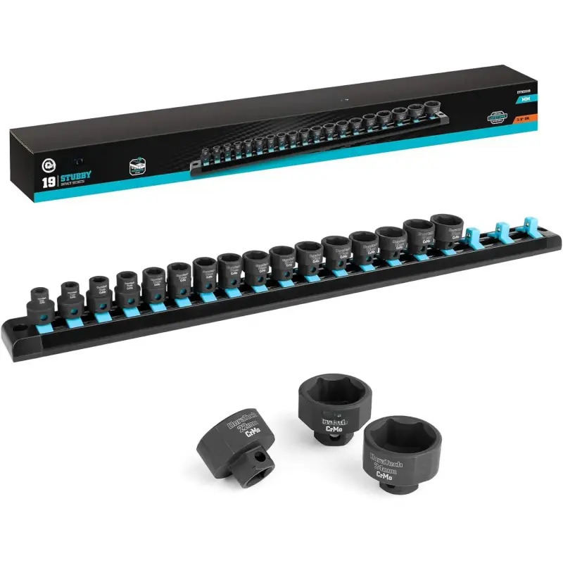 3/8" Drive Stubby Impact Socket Set, Low Profile Impact Sockets, 19-, Metric, Size Covers 6-24mm, Cr-Mo Steel, Organized in  Storage Rail