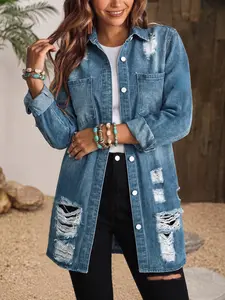 Women's Long Sleeve Denim Shirt Jacket, Light Wash Distressed Ripped Patch Pocket, Loose Fit Casual Vintage Streetwear for Daily Wear Coats