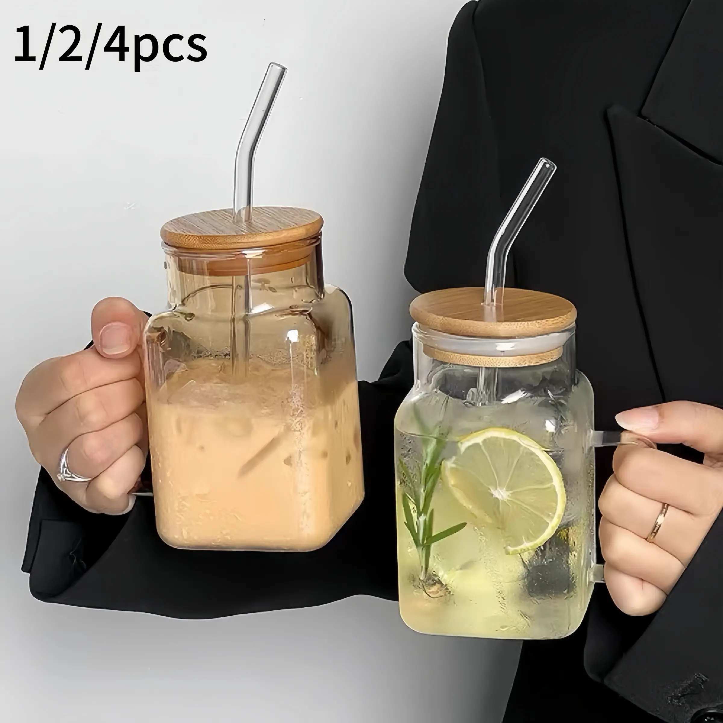 20.29oz Square Glass Cup with Lid and Straw Handle, Heat Resistant Coffee Mug, Creative Borosilicate Glass, Home Use, Includes Brush Set