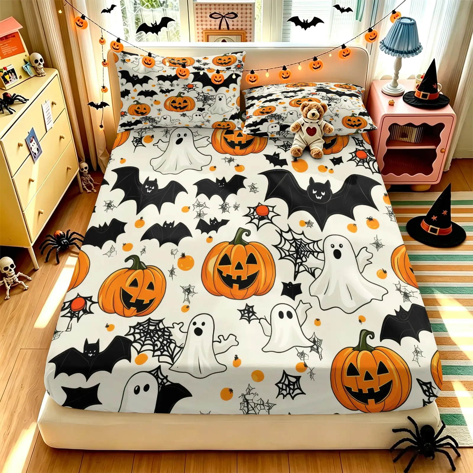 Cute Cartoon Halloween Ghost Pumpkin Bat Fitted Sheet Set (1 Fitted Sheet + 2 Pillowcases), Soft Breathable Microfiber, All‑Around Elastic Deep Pocket Non‑Slip Bedding Set, Spider Web Print, Lovely Spooky Halloween Bedroom Decor