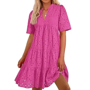 Women's Boho Summer Dresses 2026 Resort V Neck Short Sleeve Hollow Out Lace Ruffle Casual Beach Mini Vacation Dress#Outdoor fun