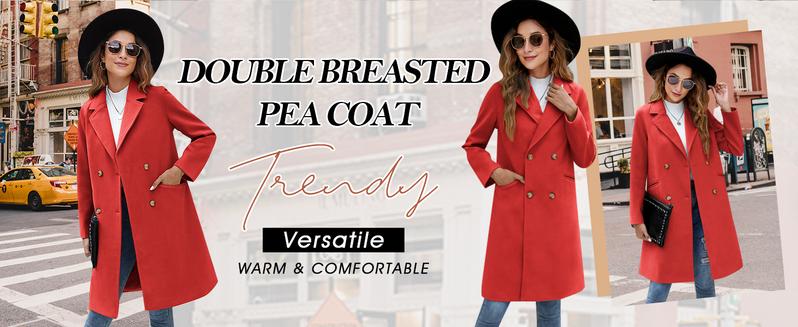 Yousify Womens Notched Lapel Collar Double Breasted Pea Coat Winter Wool Blend Over Coats Long Jackets