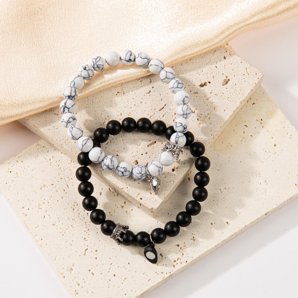 2 Pcs Elegant Couples Magnetic Stone Bracelets, Anniversary Couple Love, Heart Jewelry, Couples Beaded Stretch Bracelets Set, Perfect Valentine's Day Gift Couples Magnetic Couples Beaded bracelet valentine day gift fashion all-match jewelry charm