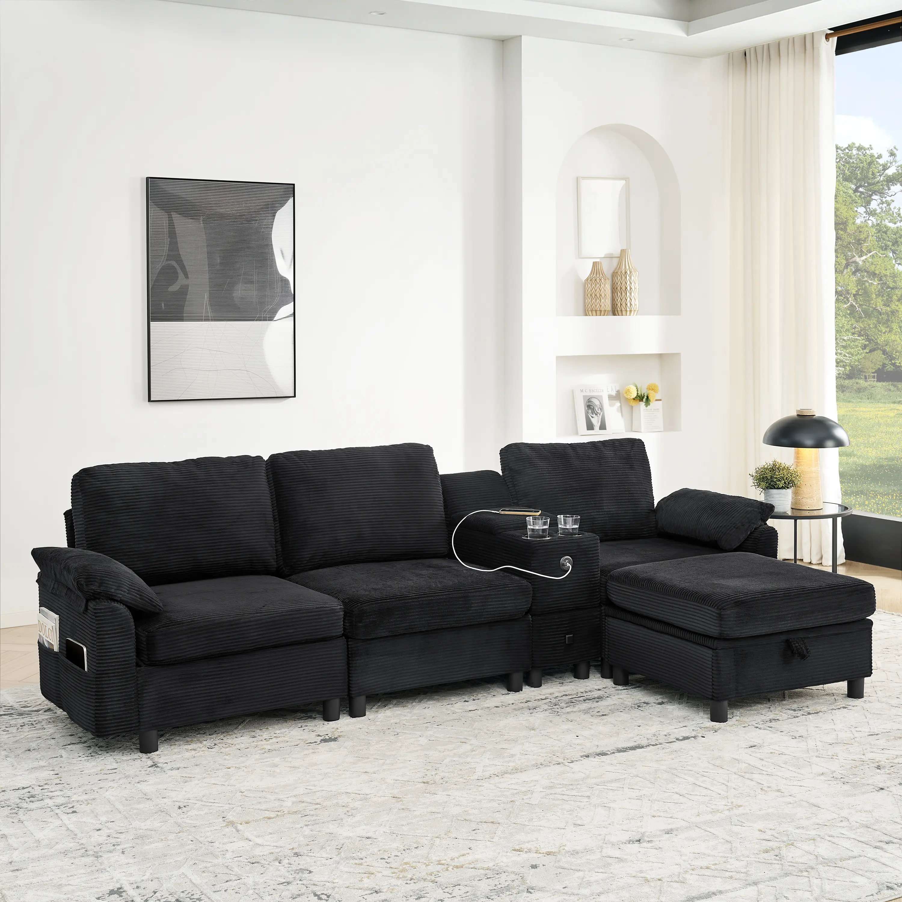 ARCH Modern Modular L-Shape Sectional Sofa with Storage Ottoman Chaise, Side Armrest Pockets, Cup Holder Console, Lift-Top Storage, Foam Cushion, 3-Seat, Black for Living Room, Black Color Options, Foam Material, 3 Seat Seat Count