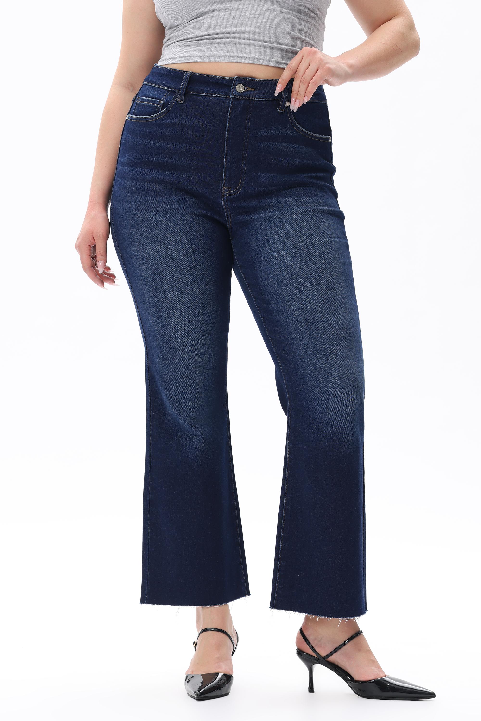 Retro Dark Wash Flare Jeans for Curvy Women, High Waisted Bootcut Cropped Denim |   Must-Have Streetwear