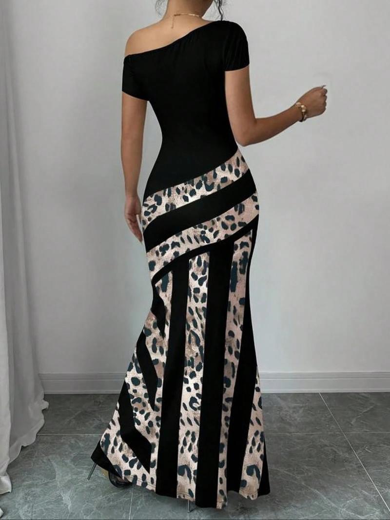 Valentine's Day Women's Colorblock  Asymmetrical Neck Mermaid Dress, Elegant Short  Sleeve   Dress for Party Holiday Wedding Guest, Ladies Summer Clothes