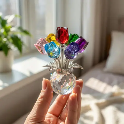 Handmade Colorful Rose Design Decorative Crystal Figurine Bouquet with Vase - Beautiful Centerpiece, Compact Home Decor, Feminine Office Ornament, Christmas Gift for Wife, Fits Shelves & Vanities