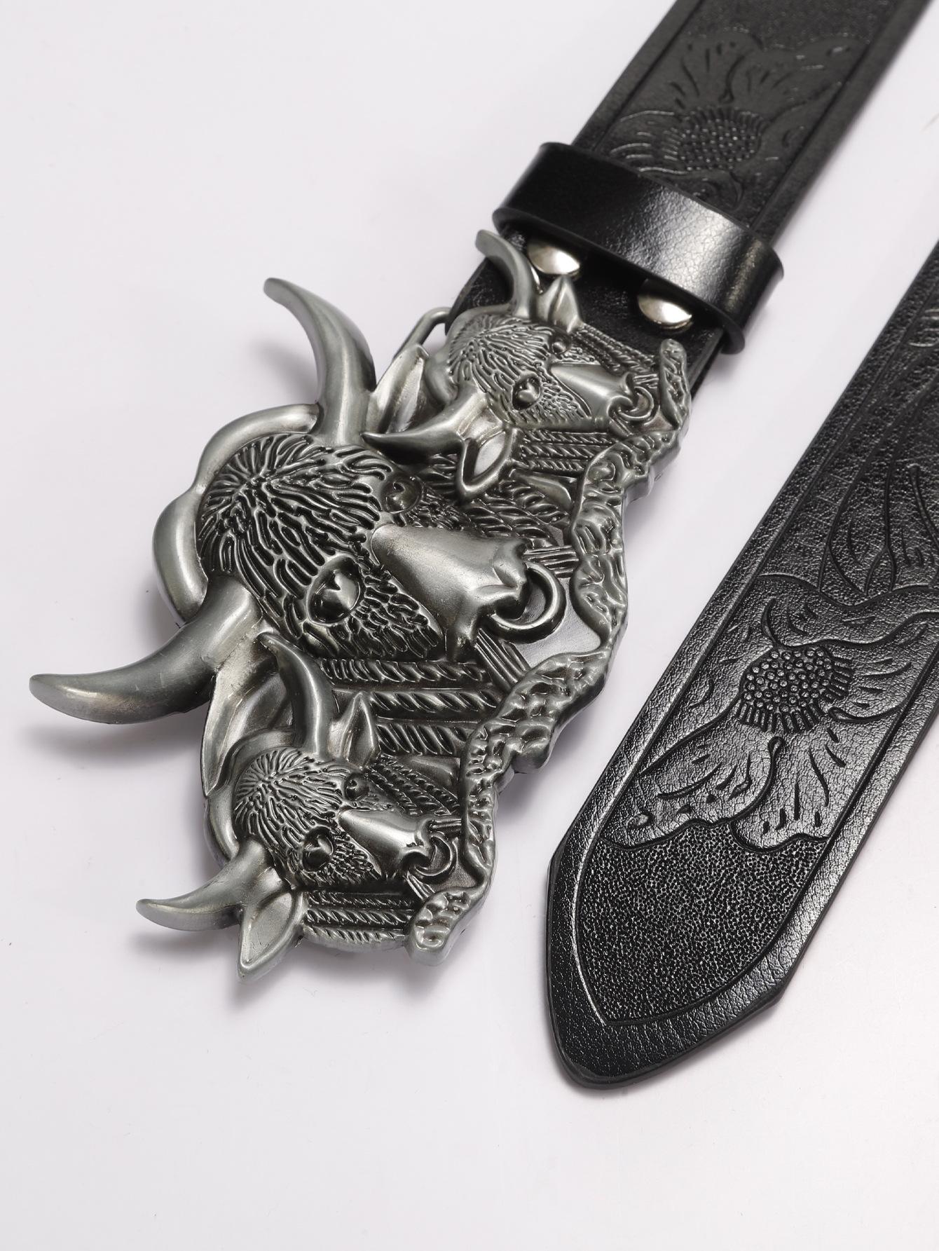 Unisex simple silver bull head alloy buckle black embossed PU belt paired with jeans