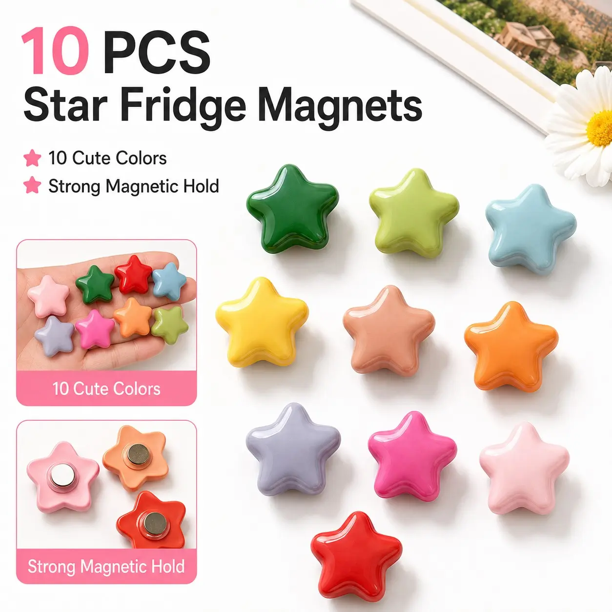 10 Pack Creative Colorful 3D Star Resin Refrigerator Magnets, Strong Magnetic Force, Cute Mini Design, Ideal for Photos and Notes, DIY Home Decor