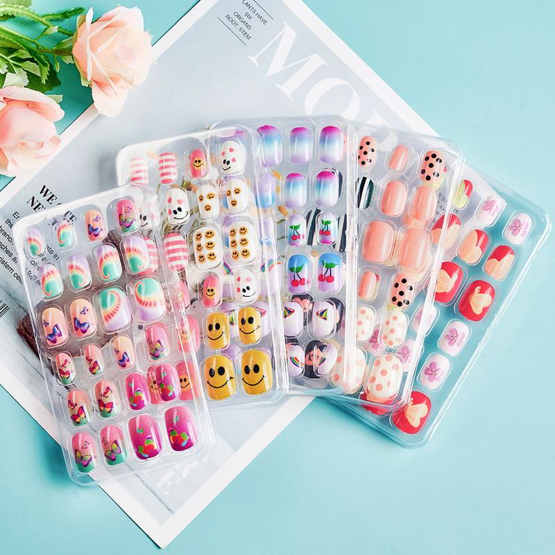 24Pcs/Box Children False Nails Kids Cartoon Girl Press on Nail Short Artificial Fake Nail Safe Full Cover Acrylic Nail Tips Kits