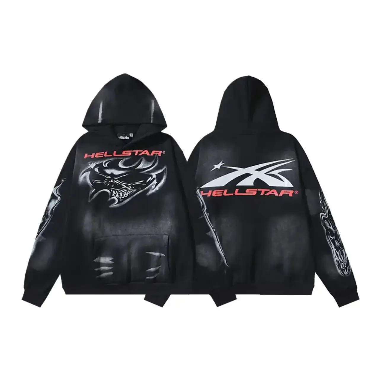 HELLSTAR Flaming Skull Pullover Hoodie Sun Faded Mineral Wash 100 Percent Cotton Heavyweight Loose Boxy Drop Shoulder Hooded Sweatshirt Fall Winter Outerwear Dark Cyberpunk Y2K Halloween Outfit Men Women Unisex Gothic Streetwear Graphic Hoodie Vintage Was