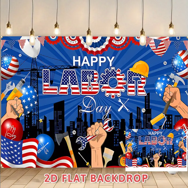 Labor Day Tapestry Backdrop – 2D Flat American Flag Banner with Tools and Construction Elements. Great for Family Gatherings, Holiday Parties, Photography Backgrounds, and Festive Wall Decor.