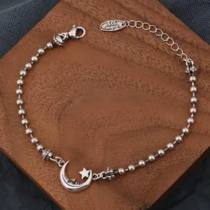 Moon and Star Charm Bracelet for Women, Dainty Silver-Tone Adjustable Chain for Daily Wear and Stacking Jewelry, Bracelets