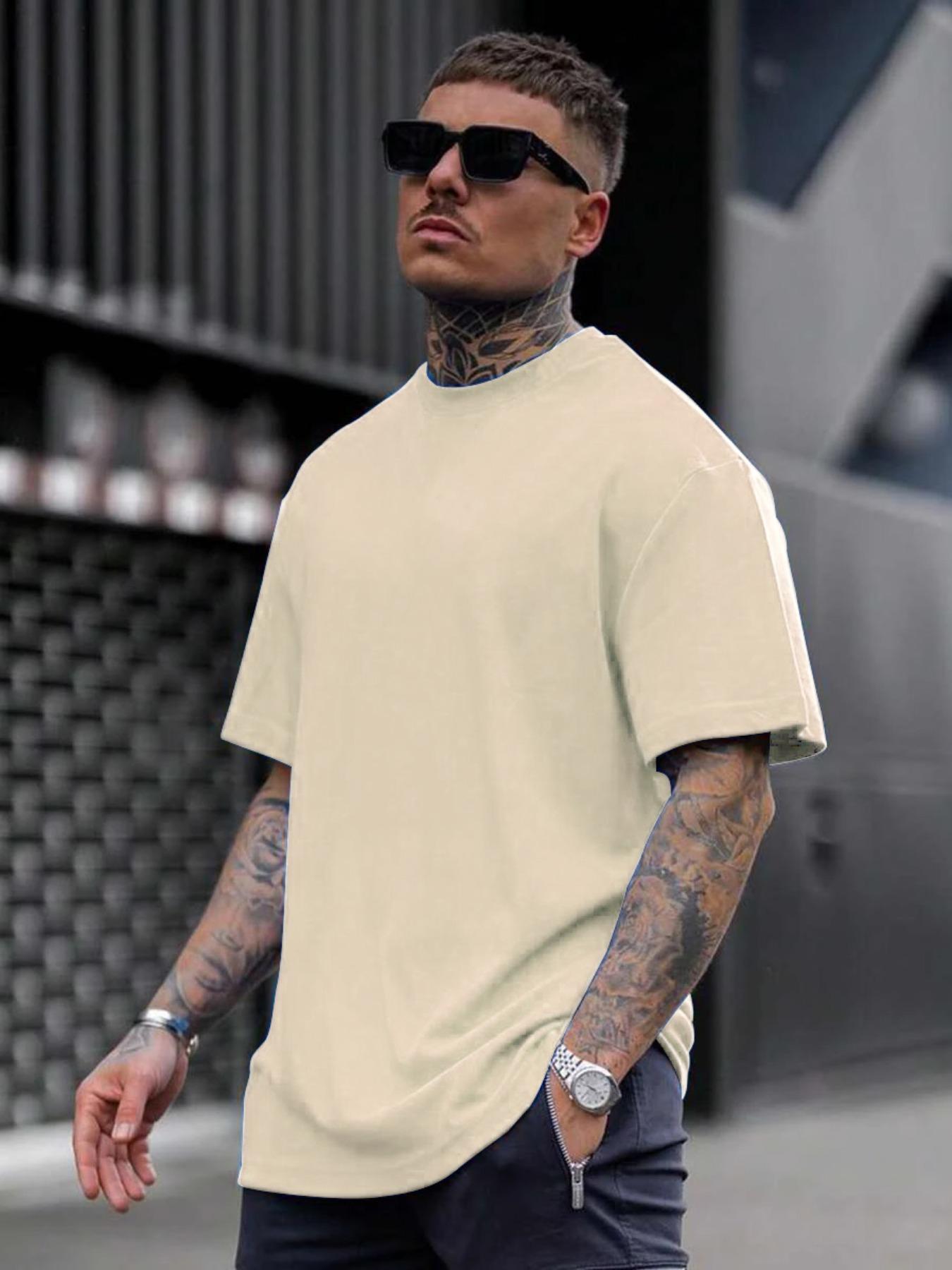 Men's Loose Fit Solid Drop Shoulder Tee, Casual Short Sleeve Round Neck T-shirt for Summer, Streetwear Men's Top for Daily Wear