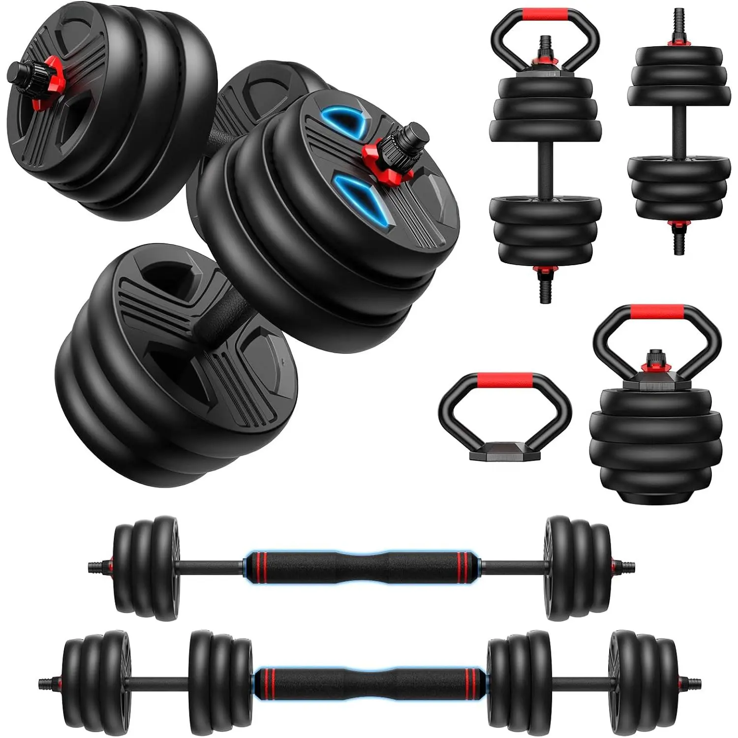 Adjustable Dumbbell Set with Upgraded Nut - 20/35/45/55/70/90lbs Multi-Use Home Gym Weight Training Set, 5-in-1 Convertible to Kettlebell, Barbell, Push-Up Stand for Men/Women