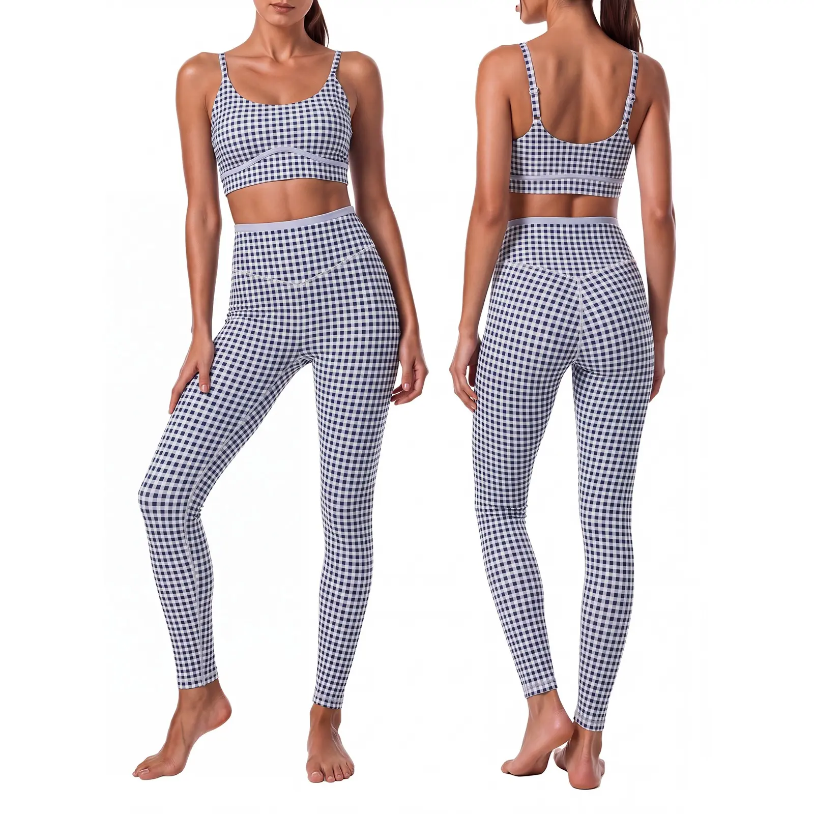 Aoysky Women's 2-Piece Gingham Yoga Matching Set - Scoop Neck Sports Bra & High Waist Leggings, 4-Way Stretch Athletic Workout Set for Gym Pilates Daily Wear, Two Piece Set