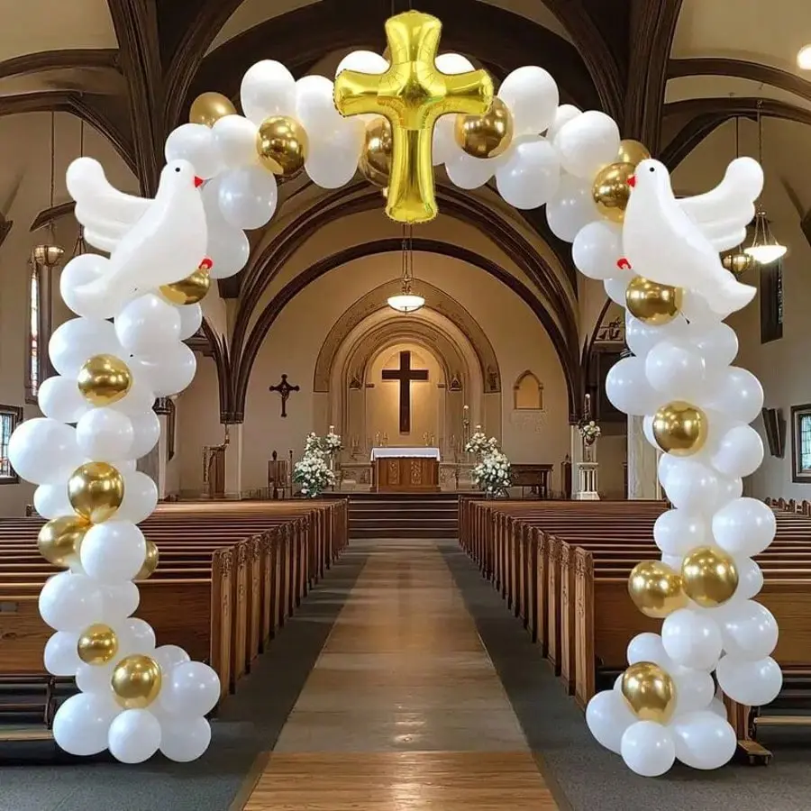 125 Pcs Christian Balloon Arch Kit, Balloon Arch Set, 10-Inch Latex Balloons, Gold Cross Balloon, Dove Foil Balloon, Wedding Party Decorations, Balloon Garland Kit