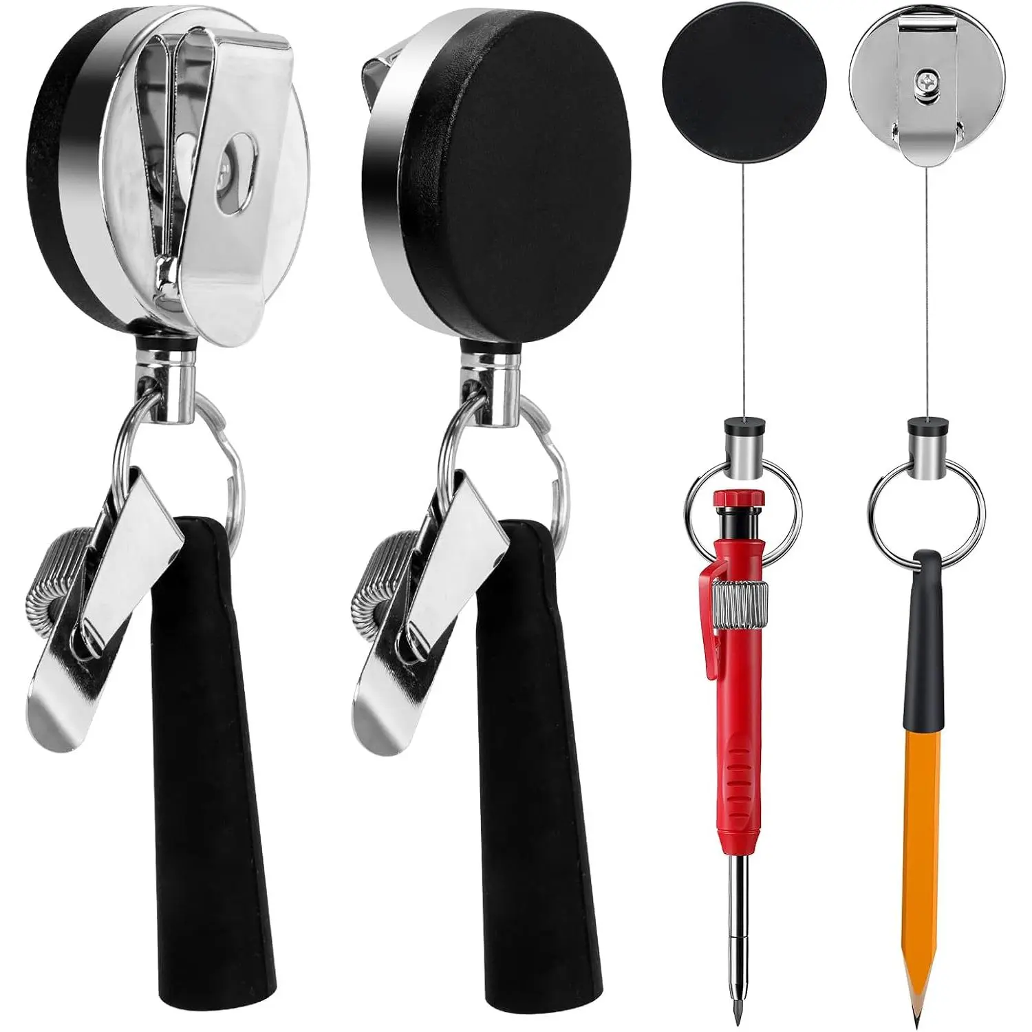 2 Pack 35 in Steel Wire Heavy Duty Retractable Pen and Pencil Holder | Flexible  grip and metal spring clip hold carpenter pencils, pens and markers; rear clip attaches to belts or pockets