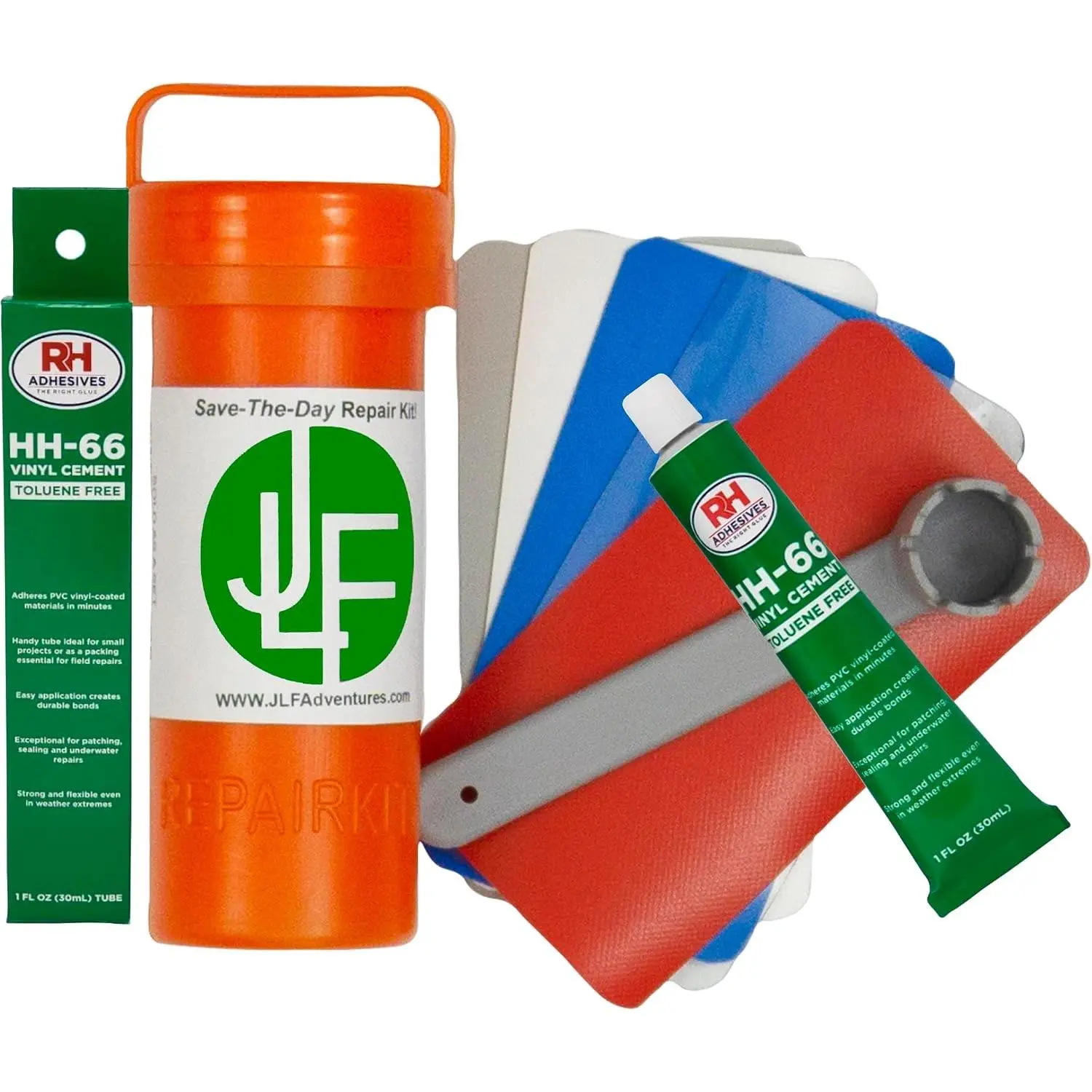 Repair Kit with optional HH-66 Vinyl Cement Glue for Inflatable Stand Up Paddle Boards (SUP) includes 5 3"x6" multi-color PVC patches and 6 prong valve wrench