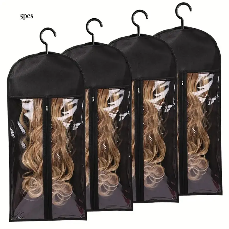 5PCS Wig Storage Bag With Hook Wig Storage Hanger Zipper Transparent Dustproof Wig Storage Bag, Hair Extension Holder Wig Bag Wig Storage For Multiple Wigs Holder Hair Extension Hanger Wig Tool Wigs Accessories For Salon & Home Use Halloween