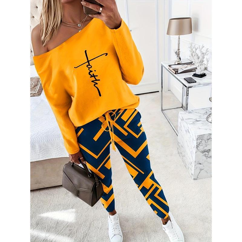 2 Piece Outfit Nope Not Today Print Skew Neck Long Sleeve Pullover Top with Stretchy Waist Long Pants Jogger Set