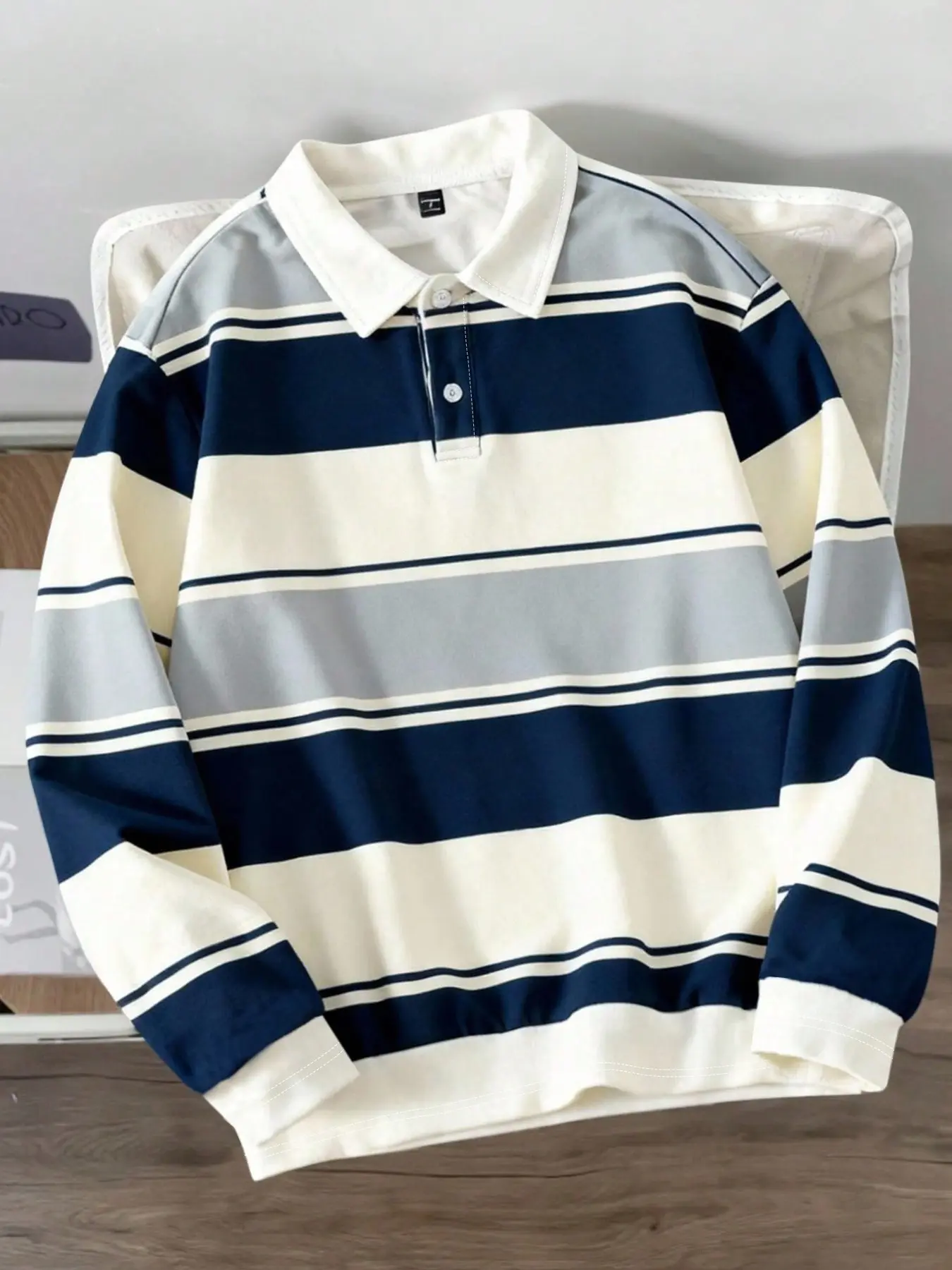 Men's Vintage College Style Loose-Fit Polo Shirt, Blue Horizontal Stripes, Long Sleeve Casual Top, Spring & Fall Wear