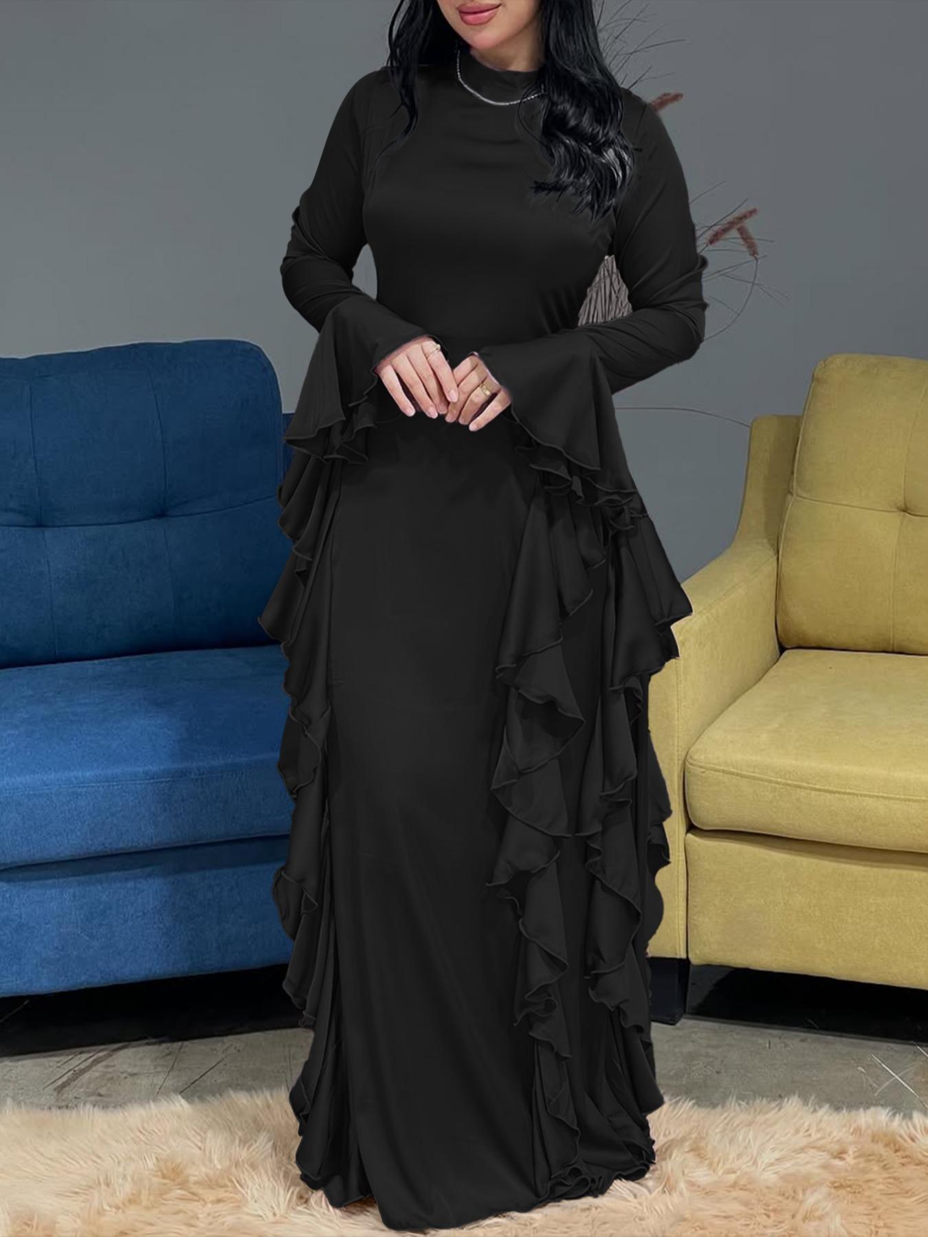 Solid-Color Flare-Sleeve Long Dress with Waist-Cinching Effect, Plain Pattern Slim-Fitting Holiday Evening Dress for Women, Perfect for Spring and Fall