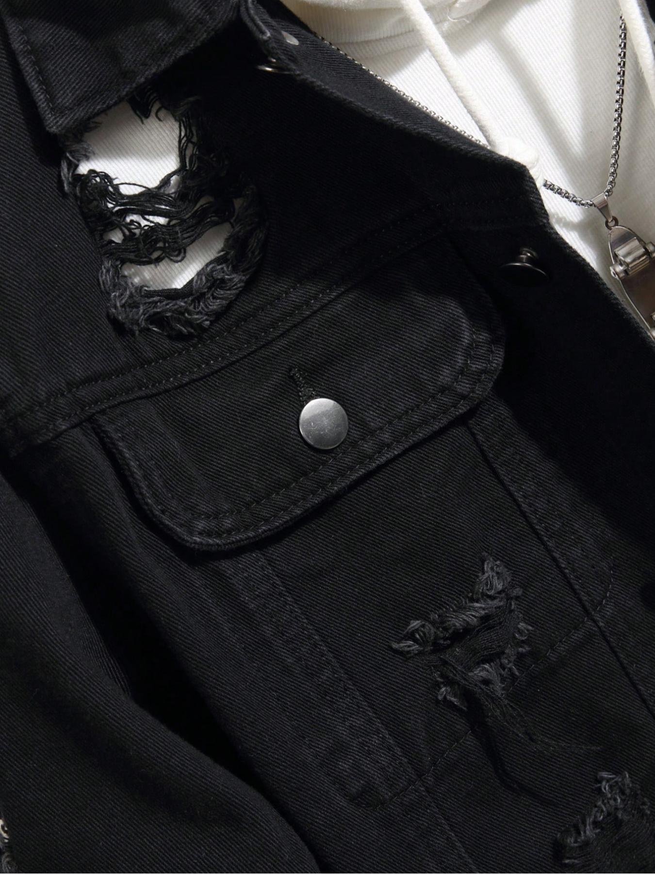 Men's Solid Ripped Design Button Down Denim Jacket, Regular Fit Casual Fashion Comfy Long Sleeve Outerwear Casual Fitted Jackets for Daily Wear, Men's Clothes for All Seasons, Coats