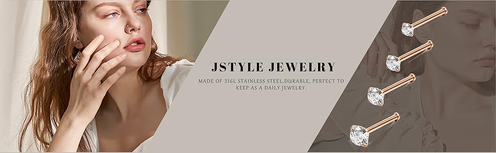 Jstyle 8Pcs/Set Hypoallergenic Nose Rings 18G 20G Surgical Stainless Steel Nose Rings Studs Cubic Zirconia Nose Ring Labret Nose Piercing Jewelry for Women Men 1.5mm 2mm 2.5mm 3mm
