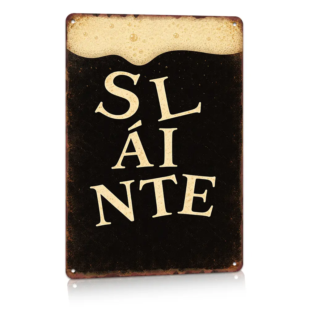 Slainte Beer Foam Top Irish Cheers Vintage Aluminum Metal Sign, Vertical 8x12", Black Cream Foam Worn Distressed, Wall Art Decor, Home Bar Ornament, Man Cave Space, Beer Whiskey Drink Lovers, Pub Themed Housewarming Gift