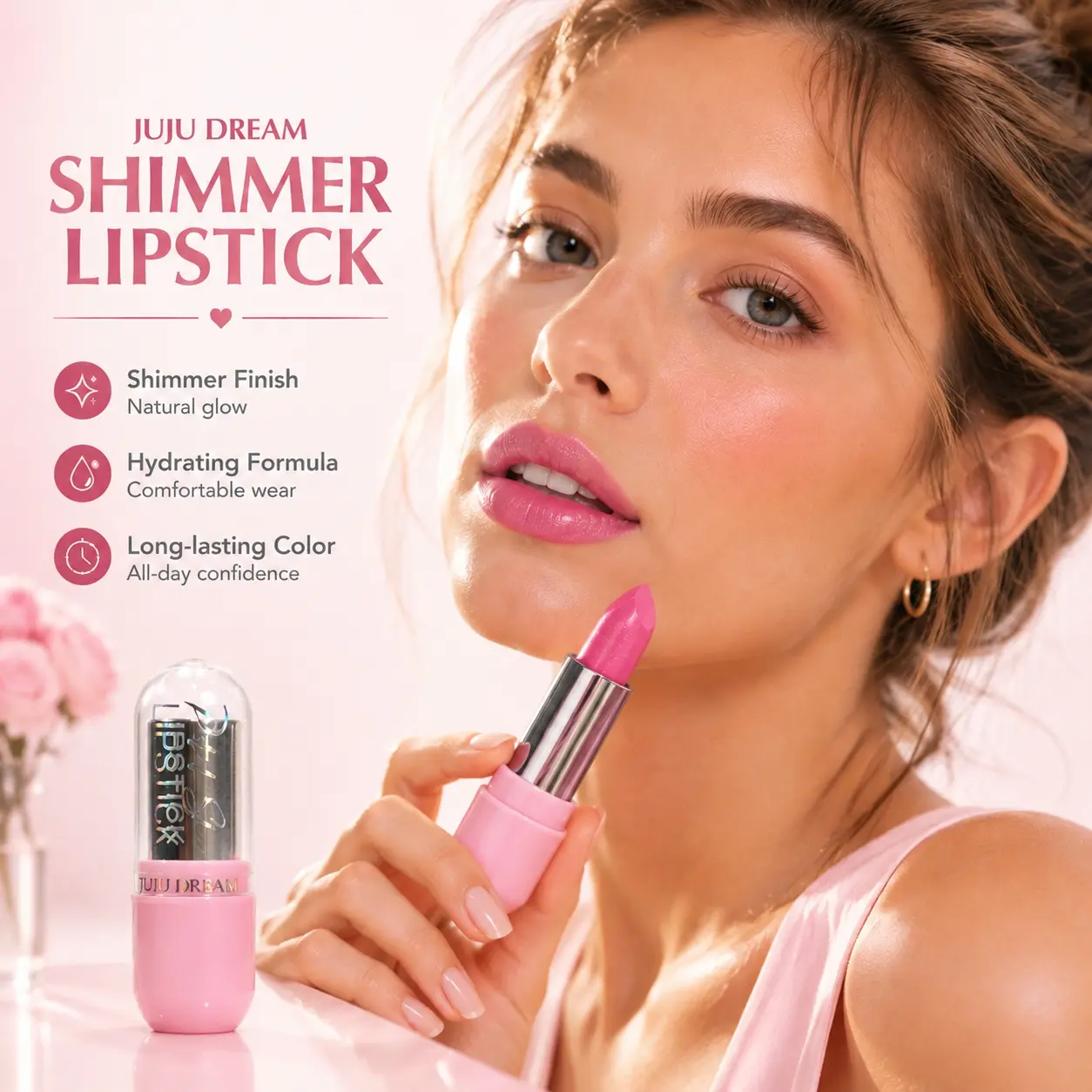 JUJU DREAM Silky Shimmer Lipstick creates natural luminous satin glow. Hydrating comfortable formula keeps lips soft without dryness. Delicate shimmer pink tone delivers bright charming lip color with long-lasting wear.