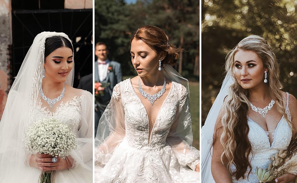 FUNRUN 5PCS Bridal Wedding Jewellery Set for Women Crystal Teardrop Cluster Necklace Dangle Earrings and Zircon Bracelet Ring Set Wedding Engagement Bridesmaid Costume Dress Prom Jewellery