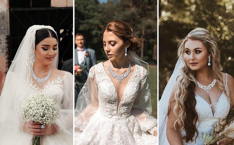 FUNRUN 5PCS Bridal Wedding Jewellery Set for Women Crystal Teardrop Cluster Necklace Dangle Earrings and Zircon Bracelet Ring Set Wedding Engagement Bridesmaid Costume Dress Prom Jewellery