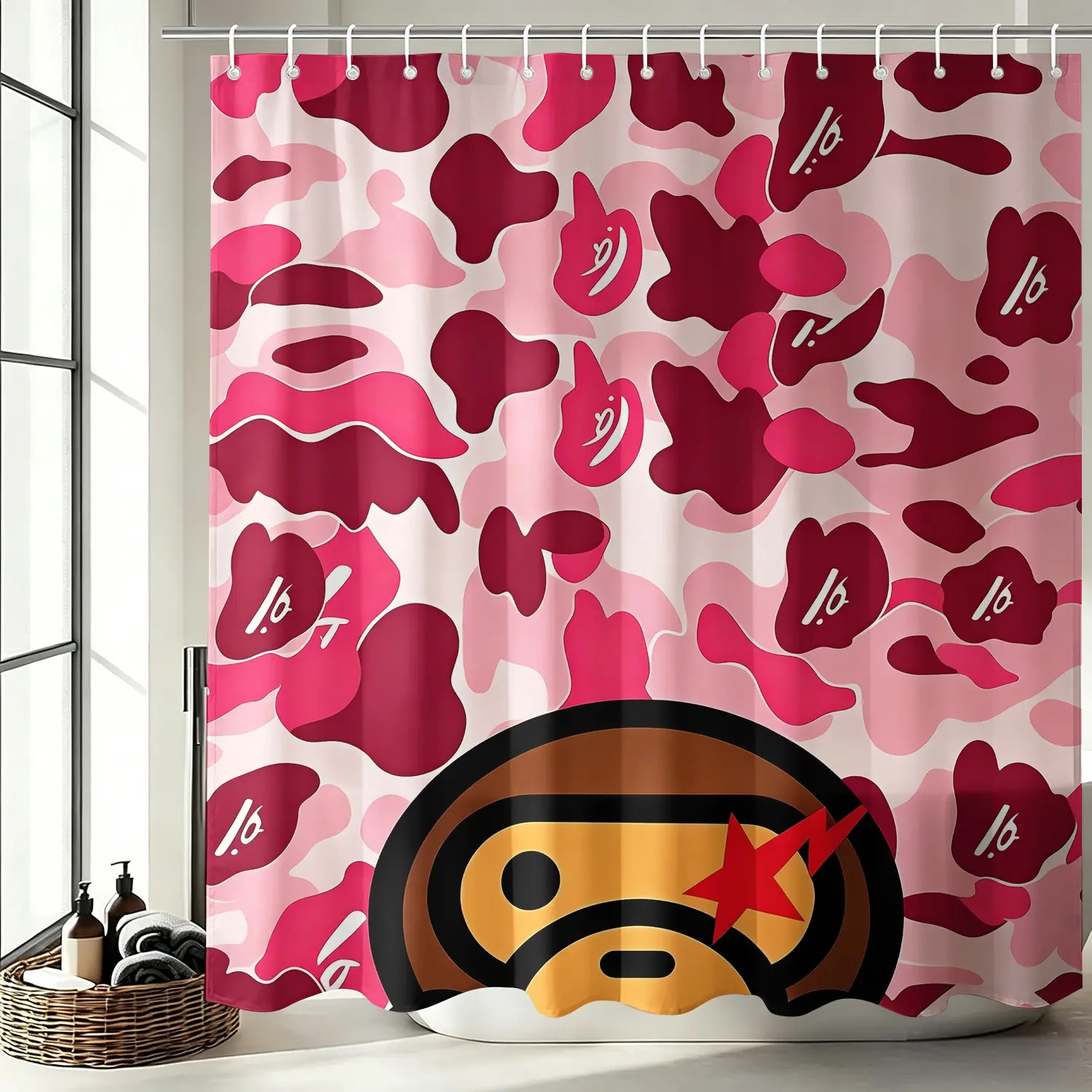 Streetwear Rose Pink Camo Fabric Shower Curtain, Cute Cartoon Ape Face Camouflage Pattern Bathing Cover, Mold Resistant Quick Dry Bathroom Decor with Rustproof Metal Grommets & 12 Hooks for Apartment Bathtub 72x72 Inch