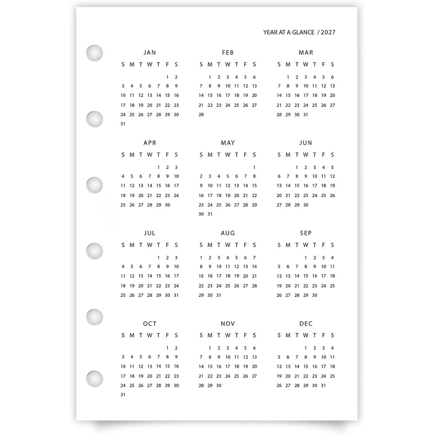 2027 Year At A Glance Dashboard | Pocket Size | Sunday Start Full Year Calendar | Translucent Vellum Planner Insert | Pre-Punched 6 Ring Dashboard for Annual Planning  Organization