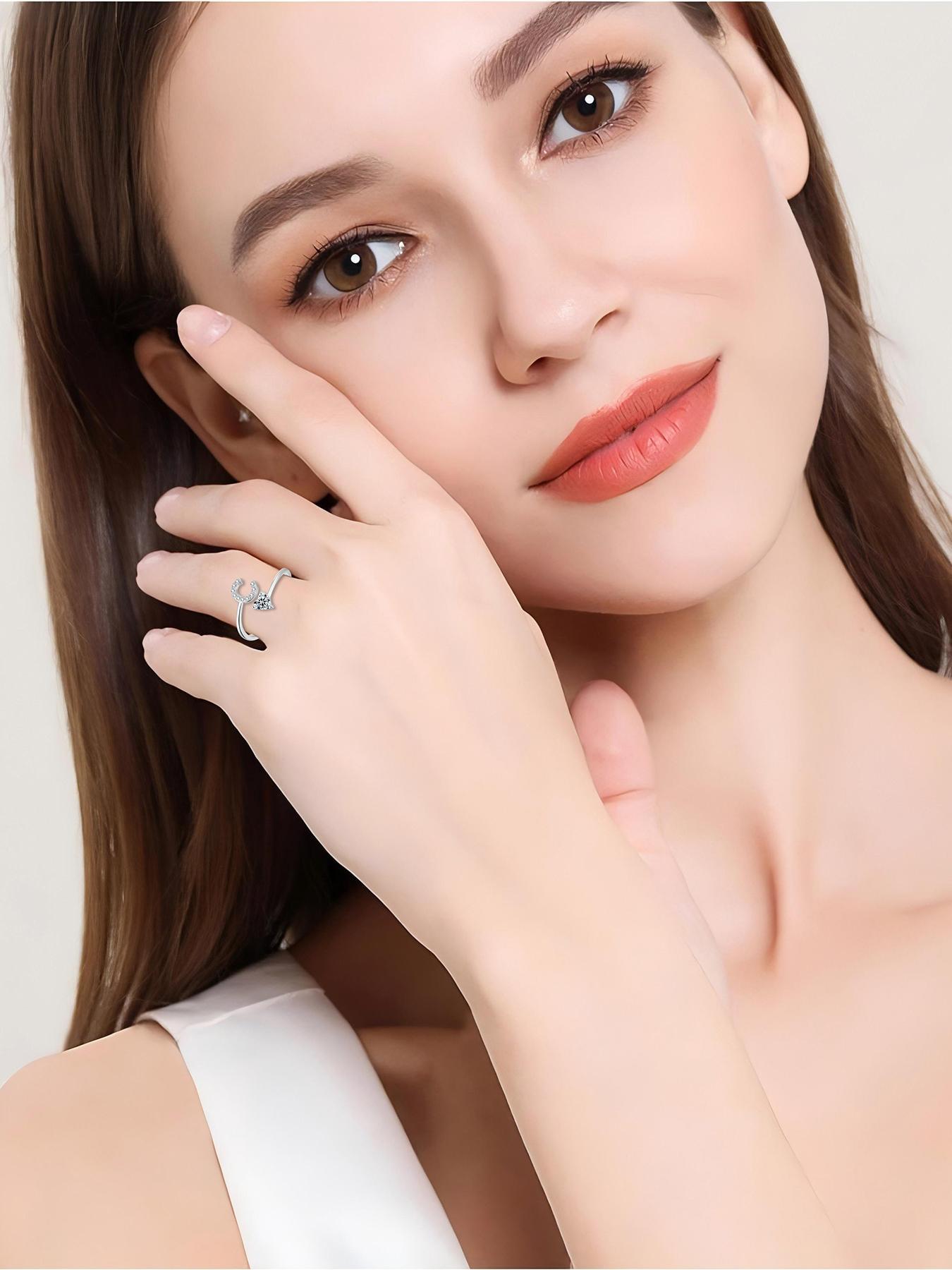 S925 Sterling Silver Letter Design Artificial Zircon Decor Cuff Ring, Fashion Jewelry for Party, Daily Decor, Trendy All-match & Exquisite Jewelry for Gift