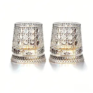 2pcs Luxury 360° Spinning Gem-Cut Crystal Glasses, Premium Gem Texture Stress Relief Whiskey & Wine Tumbler, Elegant European Barware Gift Set